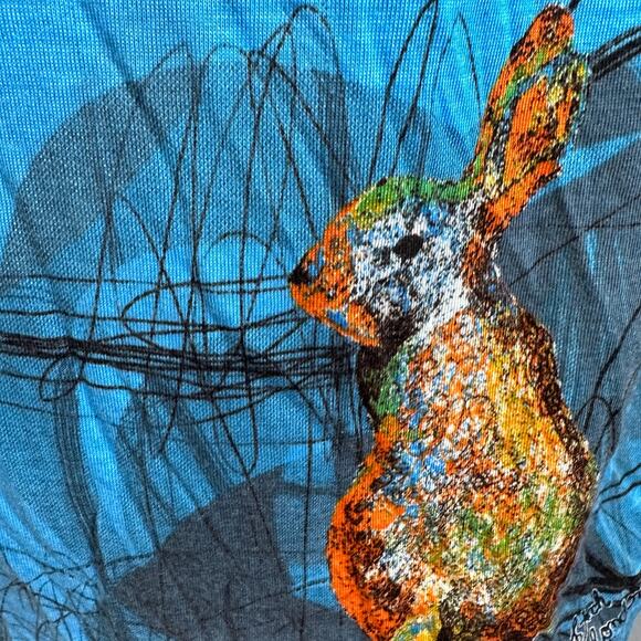 Pam & Arch London Blue Rabbit Blouson Jersey Dress LARGE Deep V Whimsical NEW - Picture 2 of 8